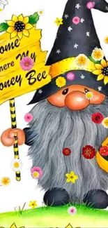 Gnome holds honey sign with sunflowers and bees, colorful phone wallpaper.