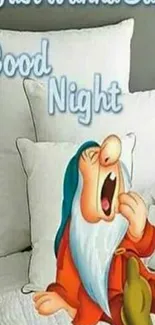 Sleepy cartoon character on gray pillows saying good night.