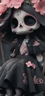 Gothic doll with floral crown and dark dress on a swing.