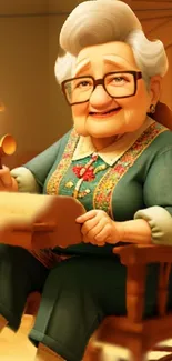 Animated grandmother in a cozy setting with a vintage charm.