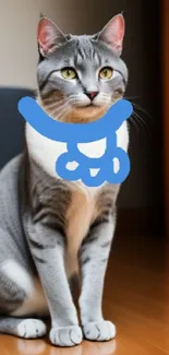 Gray cat with blue collar sitting indoors on a wooden floor.