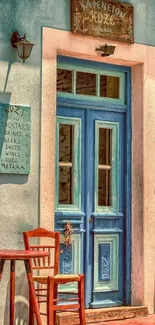 Charming Greek cafe with blue door and rustic chairs.