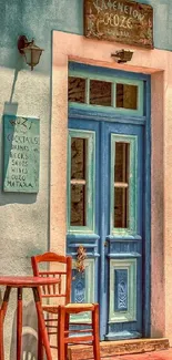 Greek café exterior with blue rustic door and charming decor.