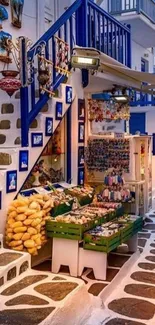 Charming street scene in a Greek island, featuring market stalls.