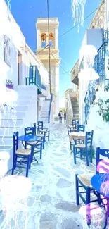 Charming Greek street with blue tables and chairs.