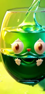 Charming green cartoon creature in a glass on a bright wallpaper.