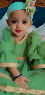 Adorable baby in a mint green dress with a floral headband.