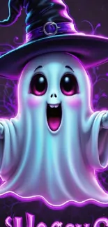 Cute ghost with witch hat on Halloween wallpaper.