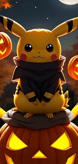 Pikachu in Halloween costume on pumpkin under moonlit sky.