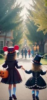 Children in Halloween costumes walking along a sunlit path.