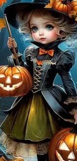 Charming cartoon witch with pumpkins in Halloween setting.