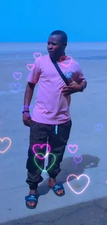 Stylish person with heart overlay and blue background.