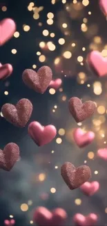 Floating hearts with sparkling bokeh lights.