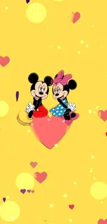 Cartoon characters on yellow wallpaper with hearts.