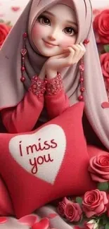 Cute hijab doll holding 'I miss you' pillow with roses.