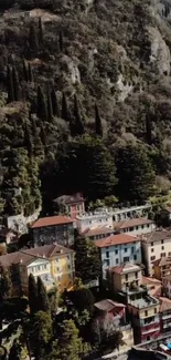 Aerial view of a colorful hillside village with lush green trees and rustic houses.