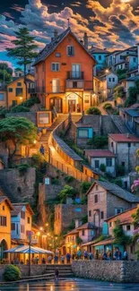 Colorful hilltop village under dramatic skies.