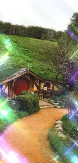 Charming hobbit house nestled in lush greenery with a winding path.