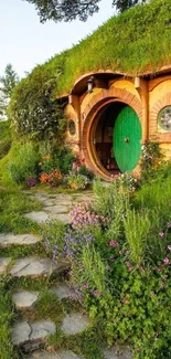 A charming hobbit house surrounded by vibrant greenery and flowers.