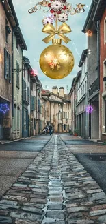 Charming holiday street with golden ornament and glowing decorations.