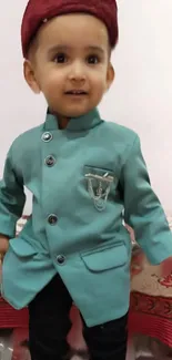 Cute child in turquoise blazer with red cap, smiling cheerfully.