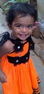 Smiling child wearing an orange dress on a patio.