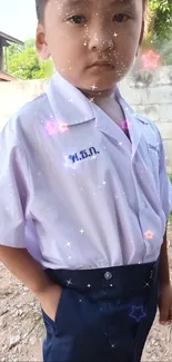 Young boy in school uniform with starry effects outdoors.