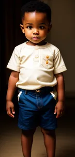 Charming kid in a cream and blue outfit standing indoors.