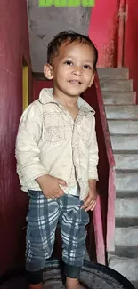 Smiling child stands confidently in front of a red stairway indoors.