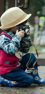 Child in hat taking photos with vintage camera.