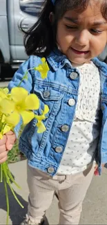 Child in denim jacket with yellow flowers.