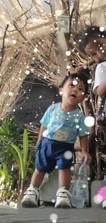 Two children playing outdoors amid charming nature scene.