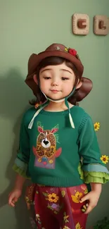 Adorable animated child in a green sweater with a hat.