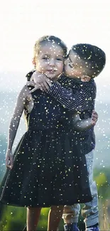 Two children embrace in nature with magical sparkles.