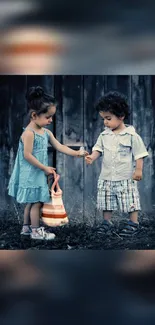 Two children sharing a moment in a rustic outdoor setting, perfect for mobile wallpaper.