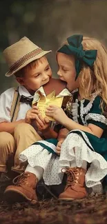 Kids in vintage attire enjoying a heartfelt moment outdoors.