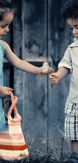 Two children sharing a dandelion in a heartwarming scene.