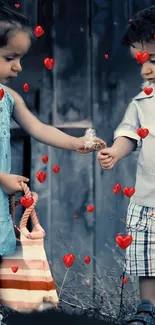 Two kids with red hearts in a charming wallpaper scene.