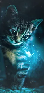 Charming kitten with blue glowing aura in a dark, mystical setting.