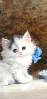 A fluffy kitten with a blue bow sits beside a dish in an artistic wallpaper.