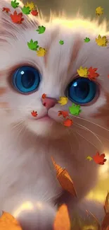 Cute kitten with bright blue eyes among autumn leaves.