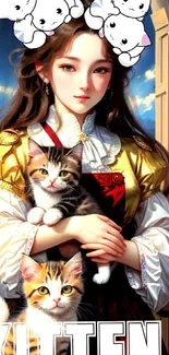 Girl with kittens in a fantasy art scene.