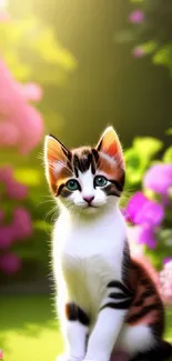 Adorable kitten surrounded by vibrant pink and purple garden blooms.