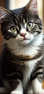 Adorable tabby kitten with green eyes sitting indoors.