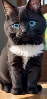 Adorable black kitten with blue eyes sitting on the floor.