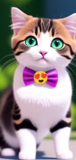 Cute kitten with green eyes and a purple bow tie sitting outdoors.