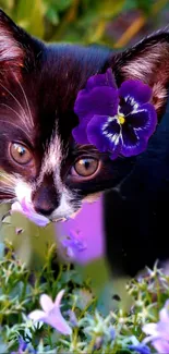 Kitten with a purple flower explores amidst blossoms.