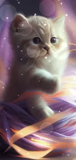 Cute kitten with yarn in a fantasy scene, rich with pastel colors.