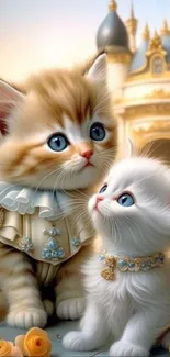 Two kittens with blue eyes in a royal background.