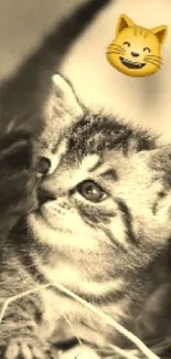 Three kittens on straw bedding in sepia wallpaper.